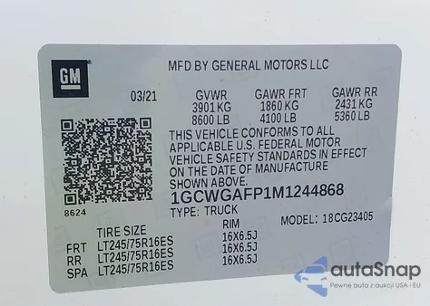 2021 Chevrolet Express Cargo Rwd 2500 Regular Wheelbase Wt z USA, uszkodzony, nr VIN 1GCWGAFP1M1244868